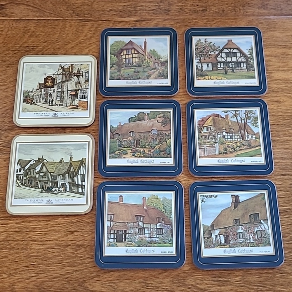 PIMPERNEL Vintage Set of 6 English Cottages & 2 English Inn Cork Backed Coasters